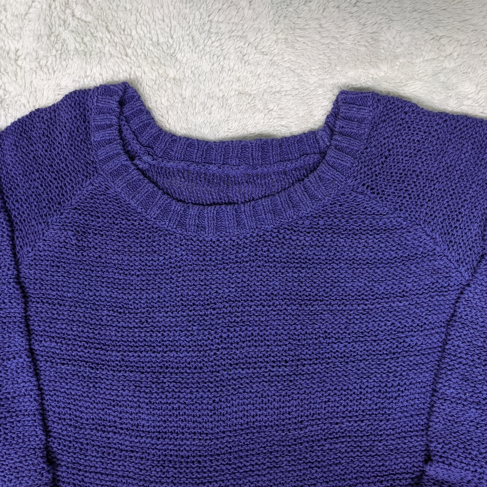 Loft, handmade deep blue purple knit sweater cropped sleeves crew neck stretches